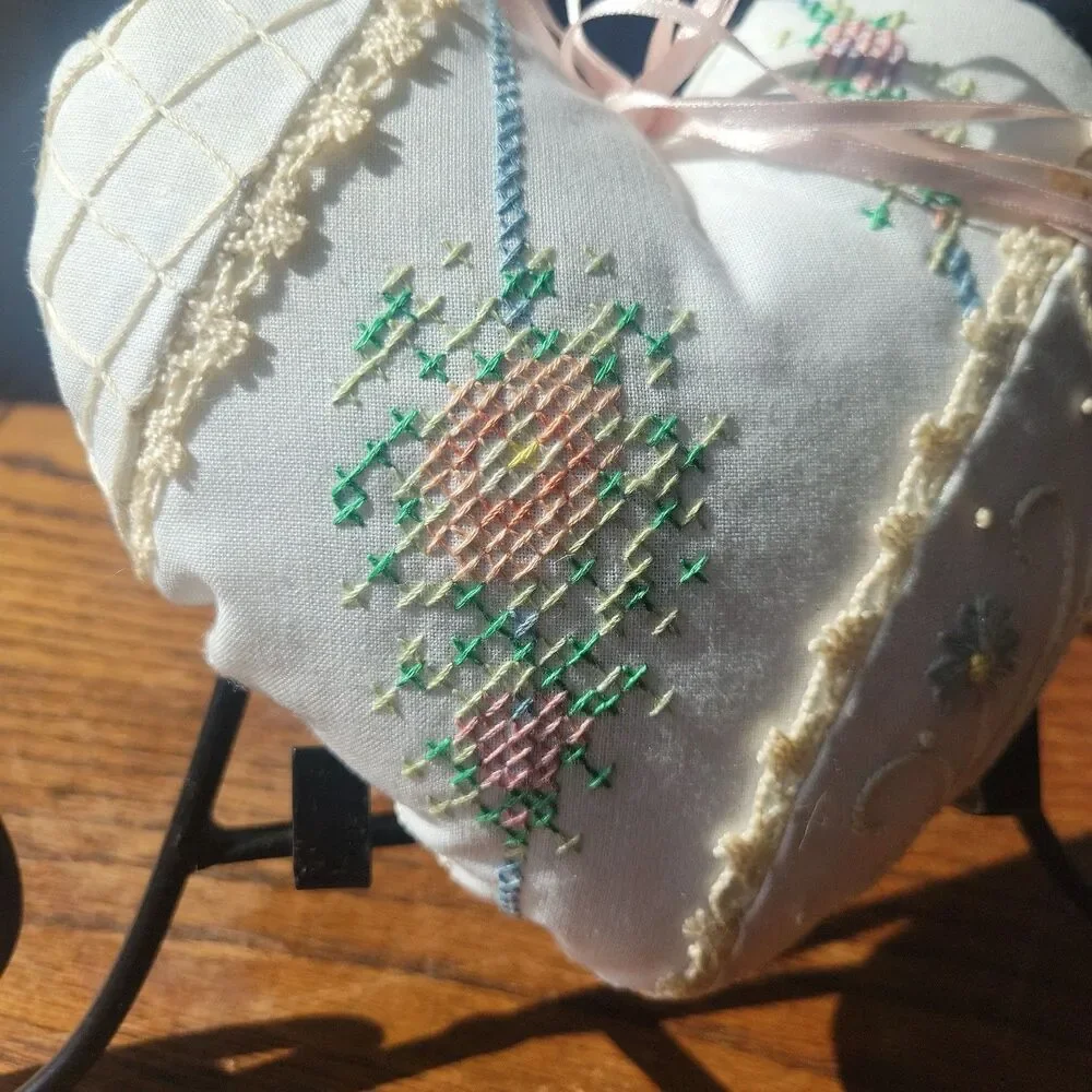 Handmade Needpoint Crossstitch Pillows Set of 2 heart shaped Ivory Cotton Ribbon